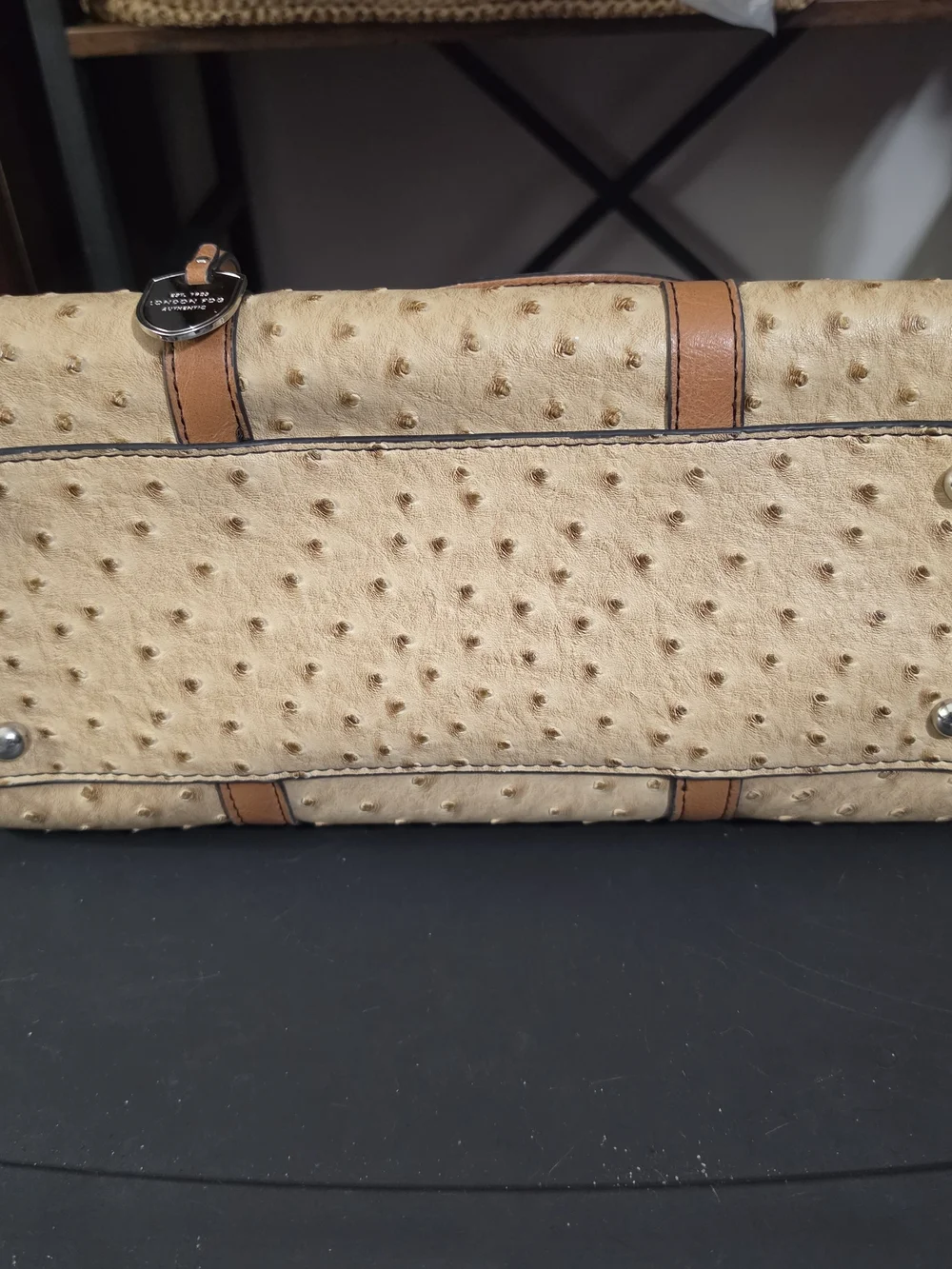 LONDON FOG Faux-Ostrich Satchel Handbag- Beige